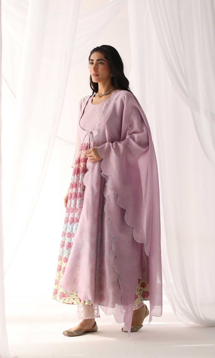 Nazaakat Set- Pastel chanderi hand embroidered anarkali with pant and hand embroidered dupatta (set of 3)