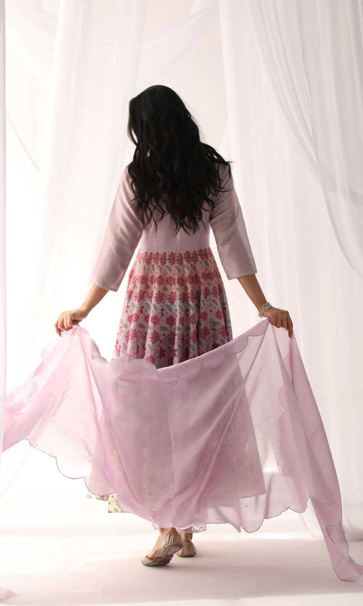 Nazaakat Set- Pastel chanderi hand embroidered anarkali with pant and hand embroidered dupatta (set of 3)