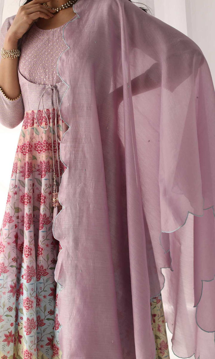 Nazaakat Set- Pastel chanderi hand embroidered anarkali with pant and hand embroidered dupatta (set of 3)