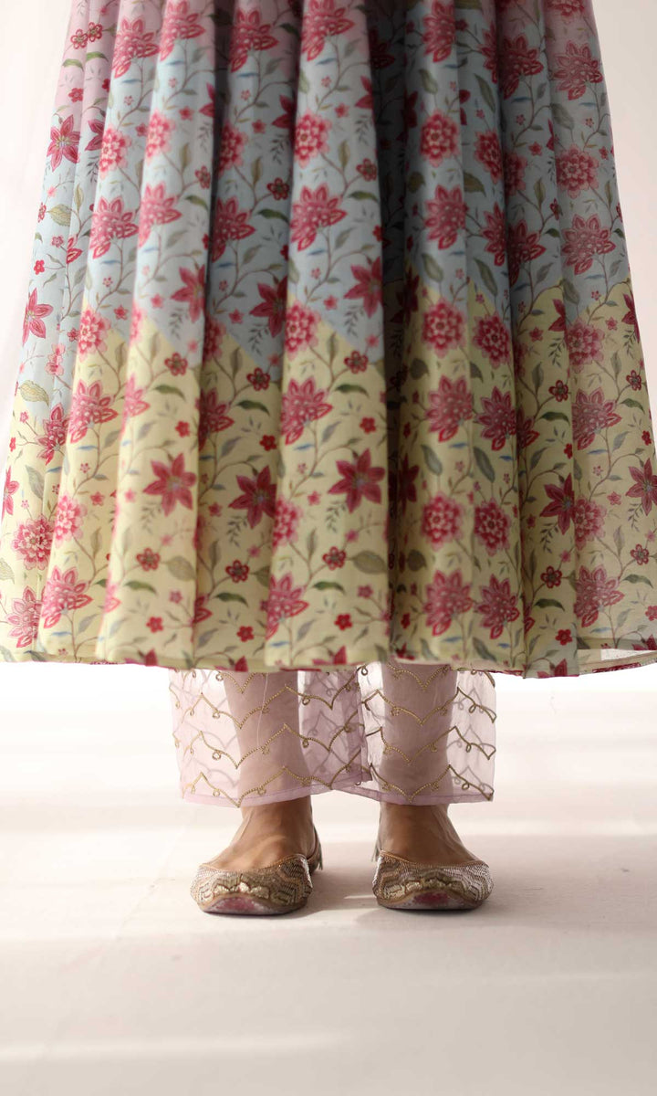 Nazaakat Set- Pastel chanderi hand embroidered anarkali with pant and hand embroidered dupatta (set of 3)