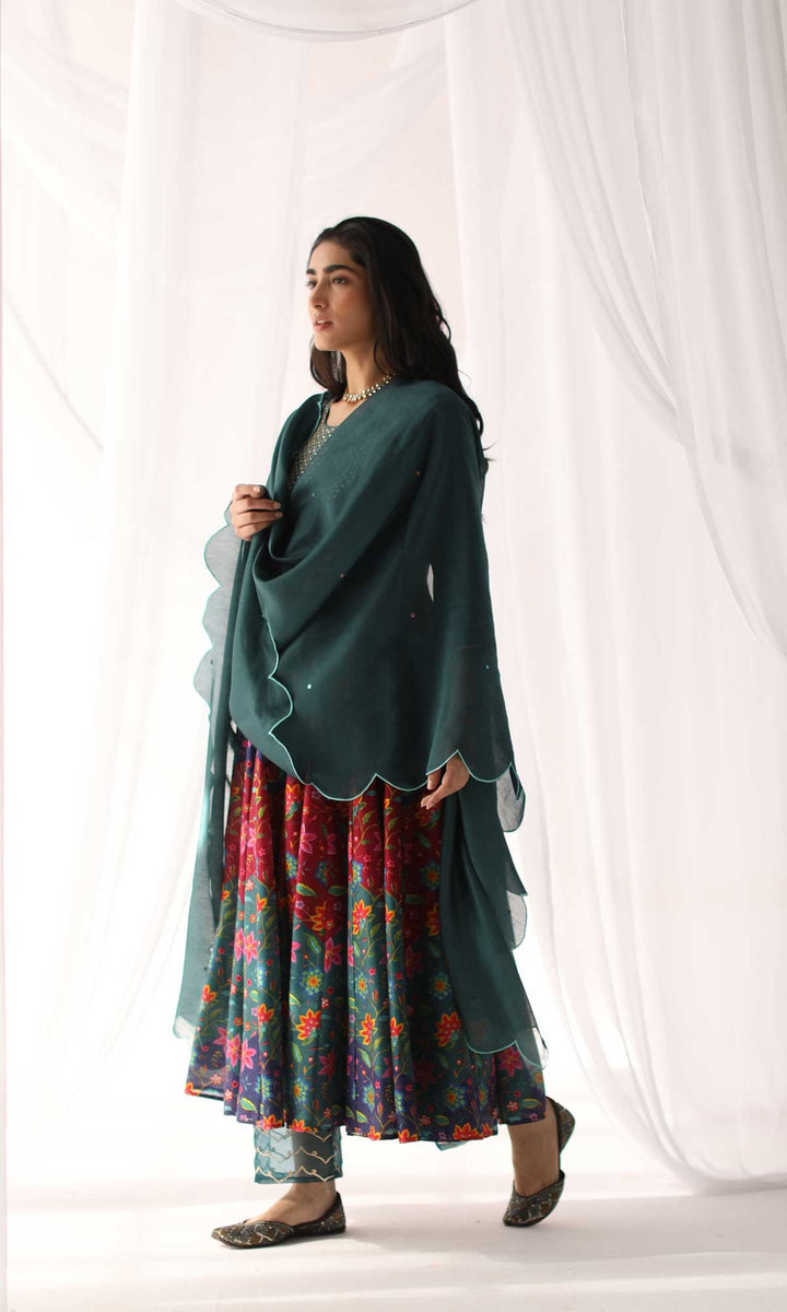 Nazaakat Set- Pastel chanderi hand embroidered anarkali with pant and hand embroidered dupatta (set of 3)