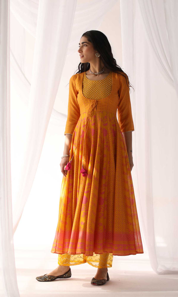 Arfaana Set- Yellow & White chanderi hand embroidered anarkali with pant and hand embroidered dupatta (set of 3)