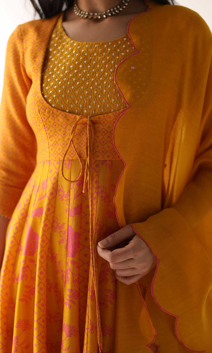 Arfaana Set- Yellow & White chanderi hand embroidered anarkali with pant and hand embroidered dupatta (set of 3)