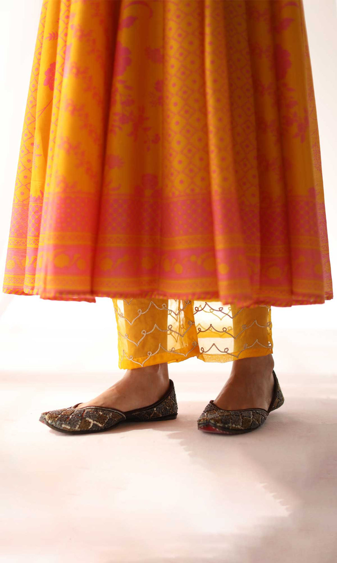 Arfaana Set- Yellow & White chanderi hand embroidered anarkali with pant and hand embroidered dupatta (set of 3)