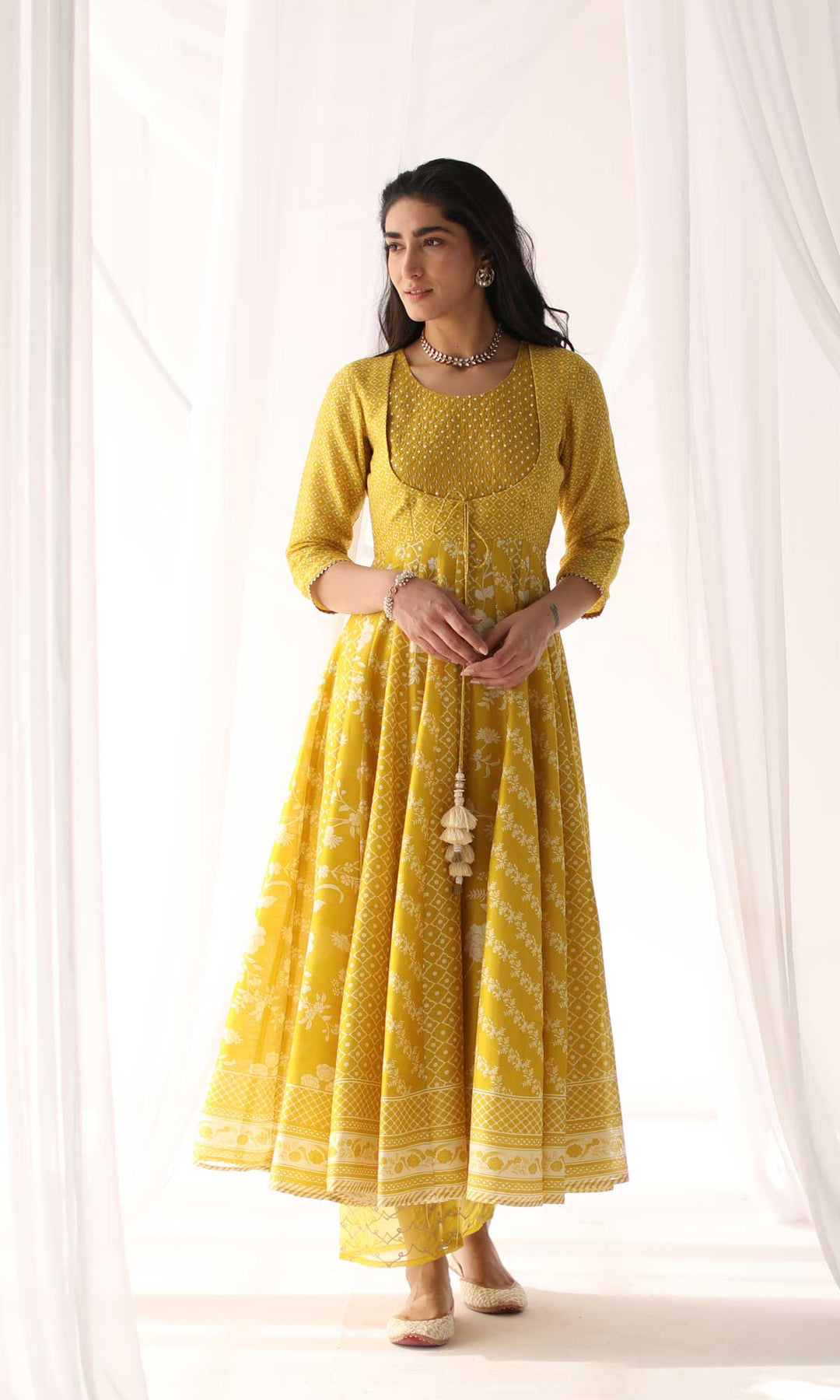 Arfaana Set- Yellow & White chanderi hand embroidered anarkali with pant and hand embroidered dupatta (set of 3)