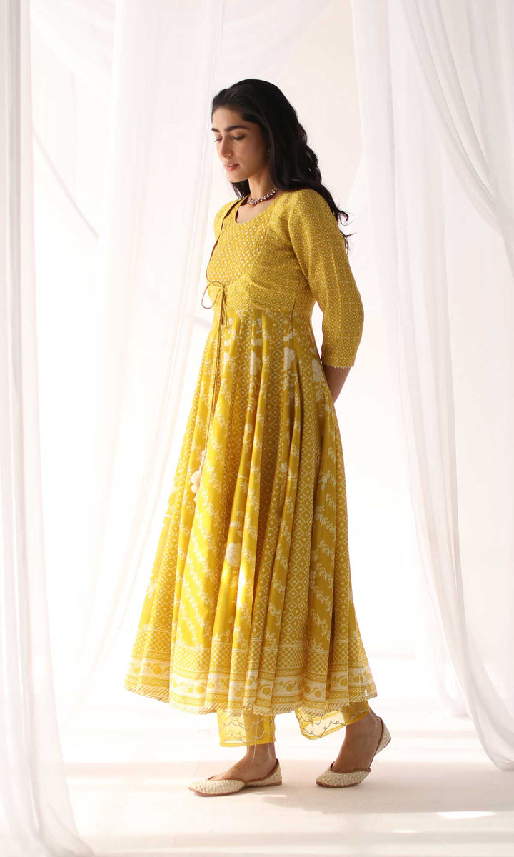 Arfaana Set- Yellow & White chanderi hand embroidered anarkali with pant and hand embroidered dupatta (set of 3)