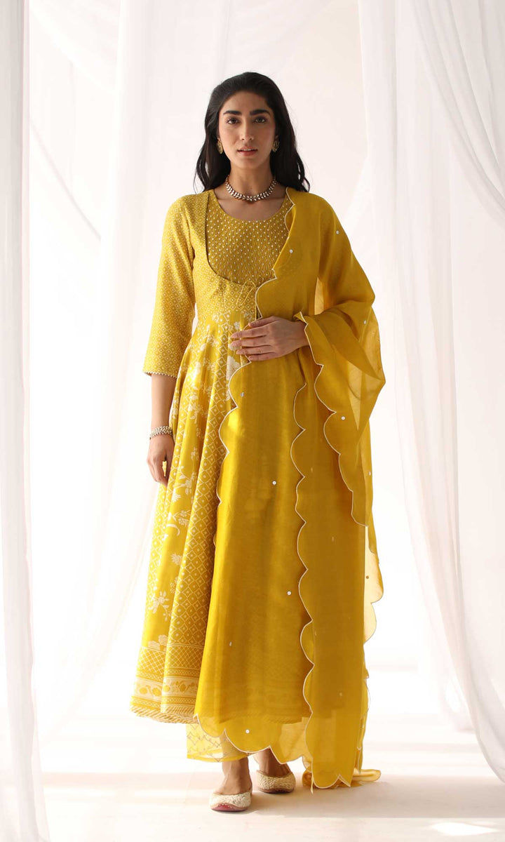 Arfaana Set- Yellow & White chanderi hand embroidered anarkali with pant and hand embroidered dupatta (set of 3)
