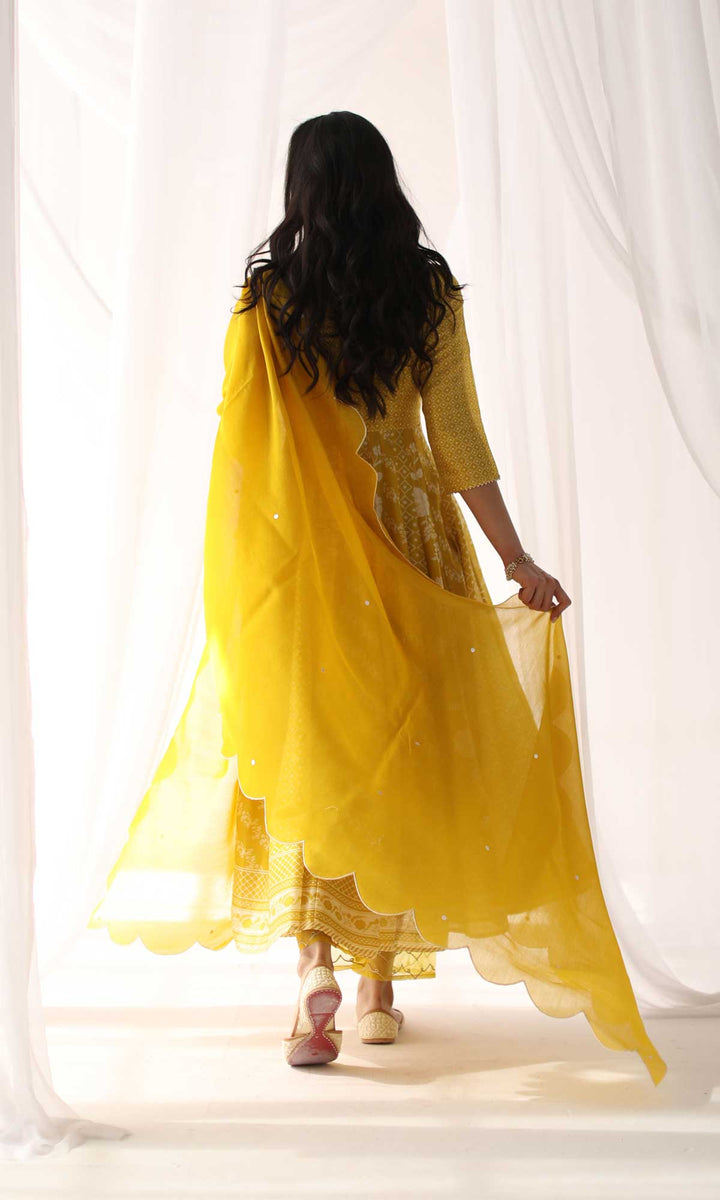 Arfaana Set- Yellow & White chanderi hand embroidered anarkali with pant and hand embroidered dupatta (set of 3)