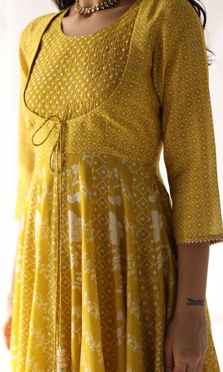 Arfaana Set- Yellow & White chanderi hand embroidered anarkali with pant and hand embroidered dupatta (set of 3)