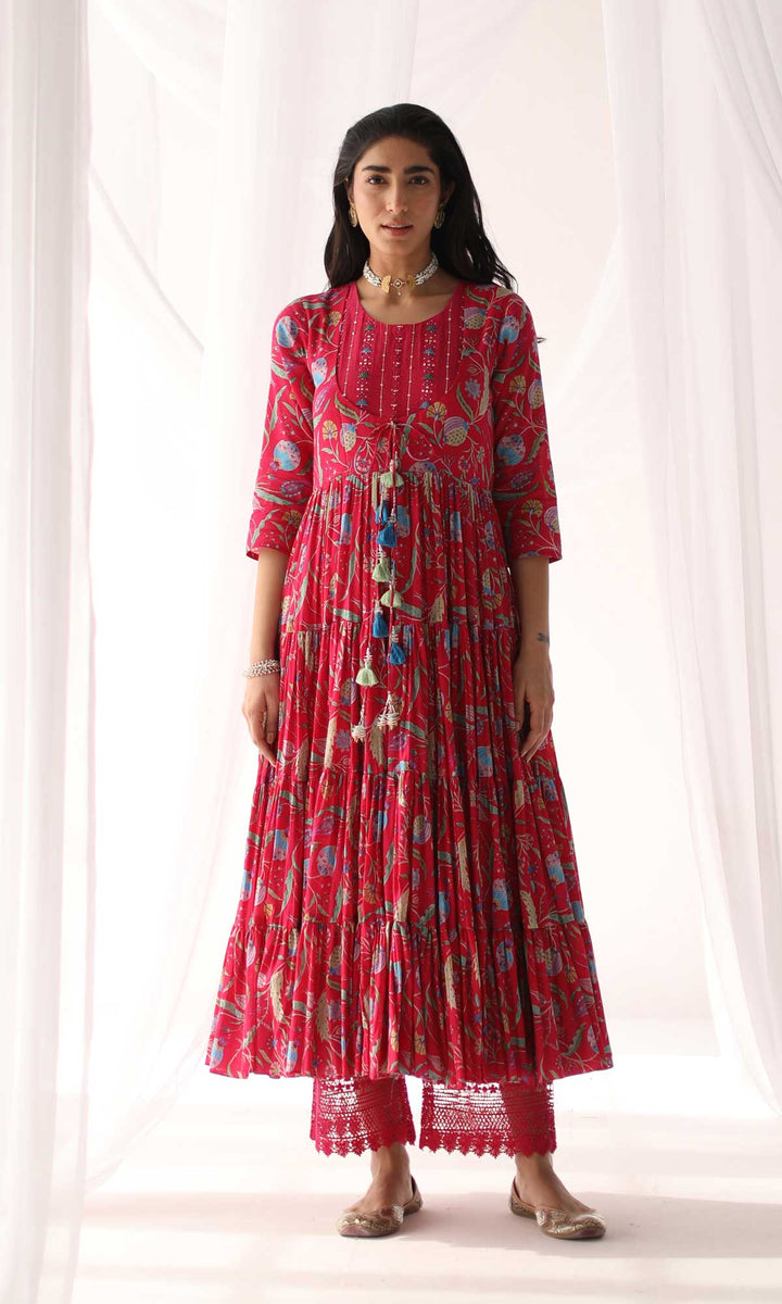 Farah Set- Hot Pink mulmul hand embroidered anarkali with pants and dupatta (Set of 3)