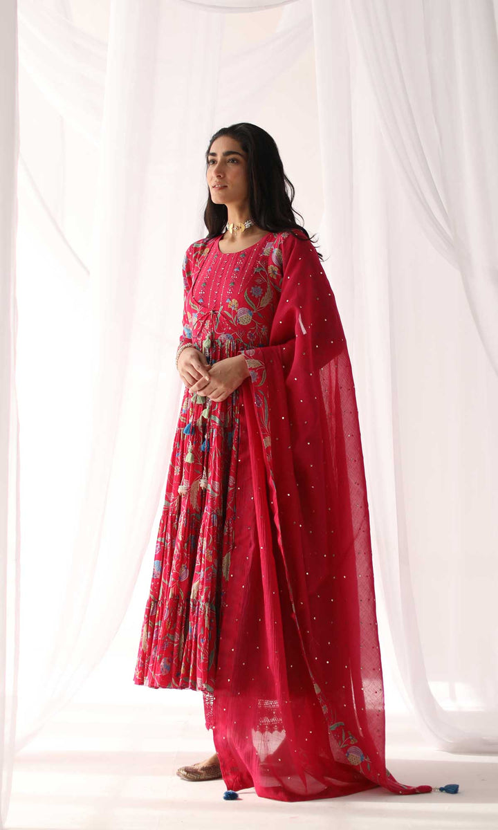 Farah Set- Hot Pink mulmul hand embroidered anarkali with pants and dupatta (Set of 3)