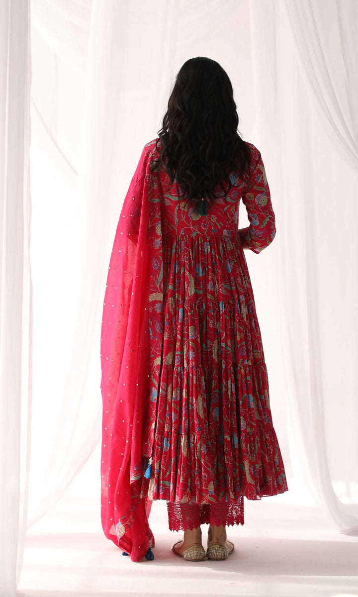 Farah Set- Hot Pink mulmul hand embroidered anarkali with pants and dupatta (Set of 3)