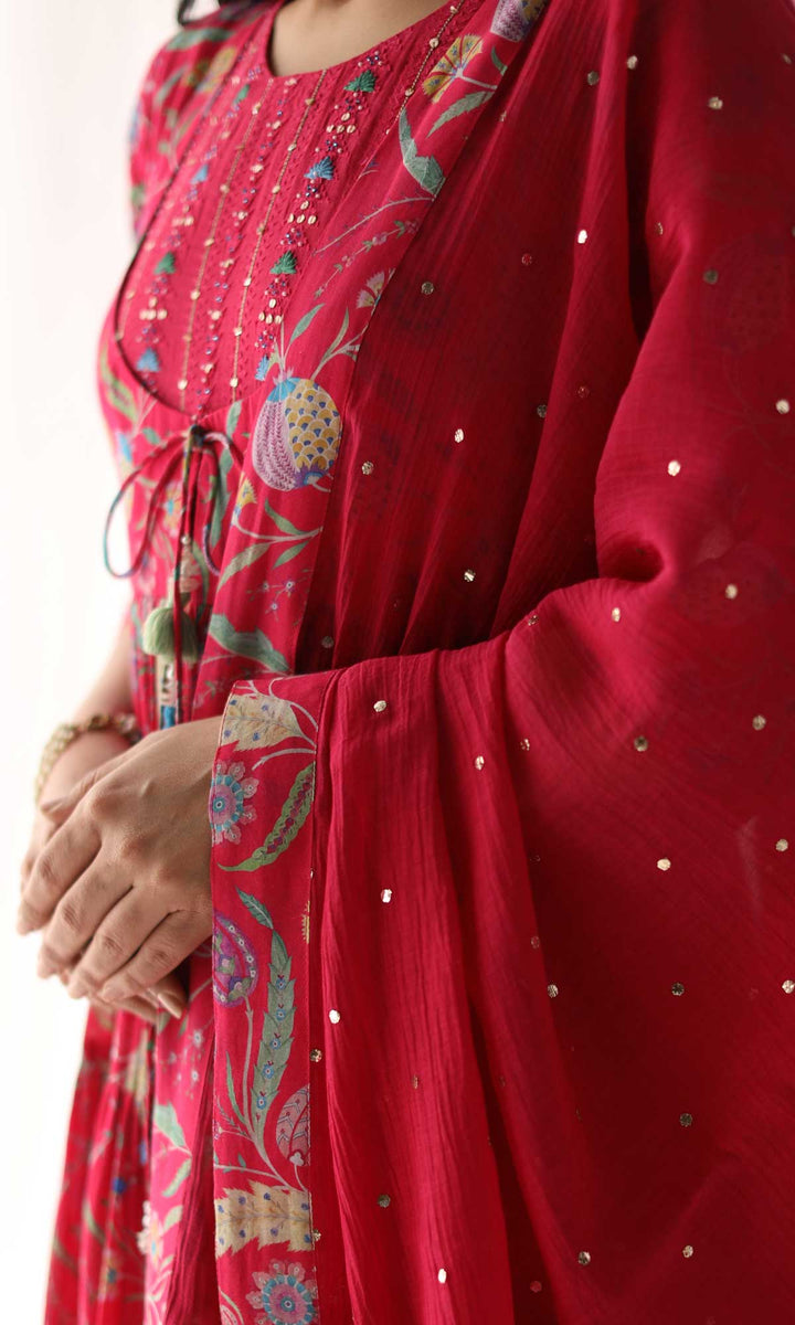 Farah Set- Hot Pink mulmul hand embroidered anarkali with pants and dupatta (Set of 3)