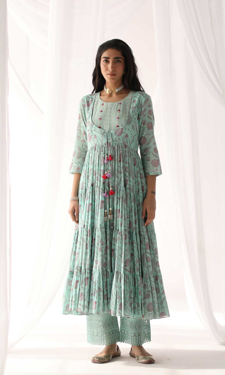 Farah Set- Hot Pink mulmul hand embroidered anarkali with pants and dupatta (Set of 3)