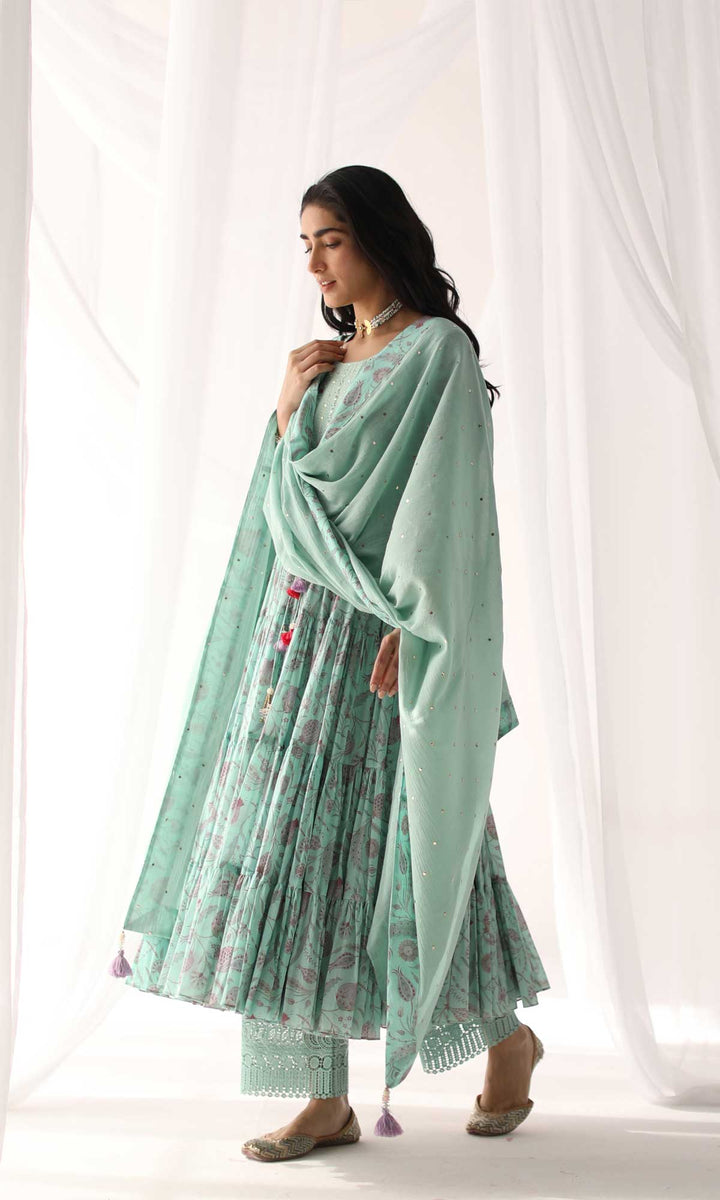Farah Set- Hot Pink mulmul hand embroidered anarkali with pants and dupatta (Set of 3)