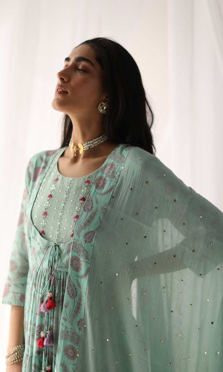 Farah Set- Hot Pink mulmul hand embroidered anarkali with pants and dupatta (Set of 3)