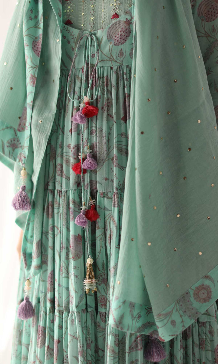 Farah Set- Hot Pink mulmul hand embroidered anarkali with pants and dupatta (Set of 3)