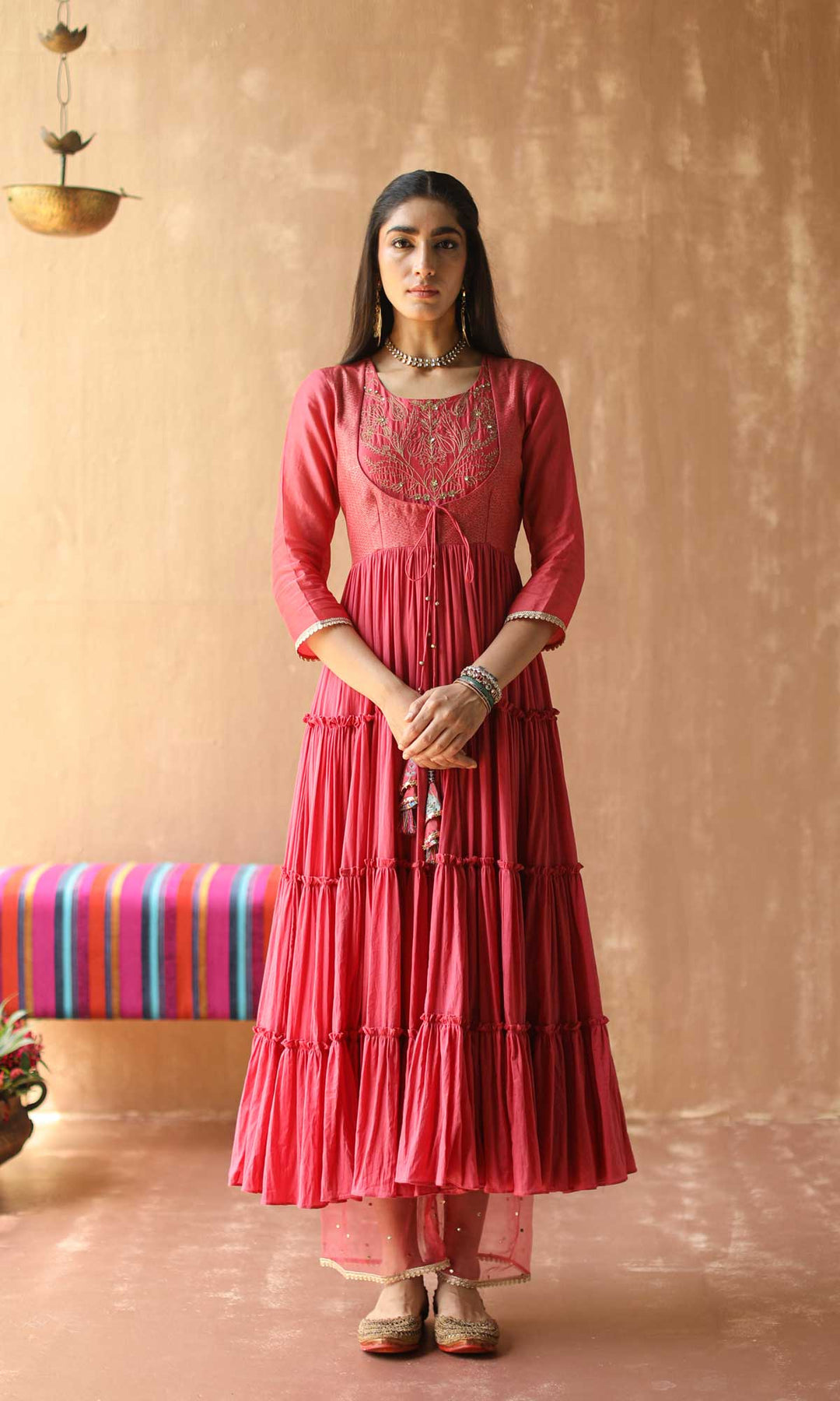 Gulnaar Set- Gajri chanderi-mulmul hand embroidered anarkali with pants and dupatta (set of 3)