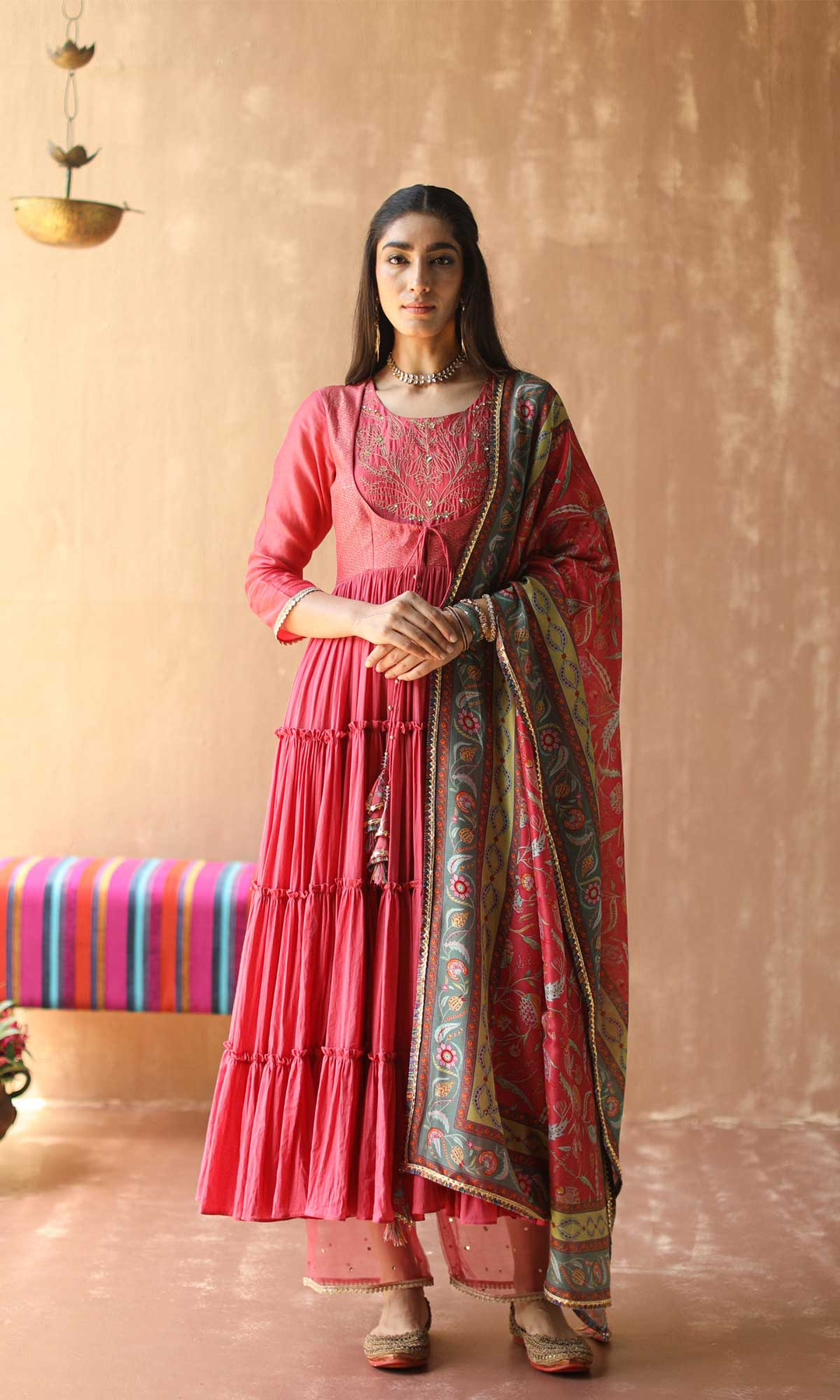 Gulnaar Set- Gajri chanderi-mulmul hand embroidered anarkali with pants and dupatta (set of 3)