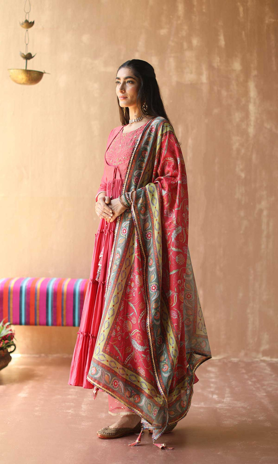 Gulnaar Set- Gajri chanderi-mulmul hand embroidered anarkali with pants and dupatta (set of 3)