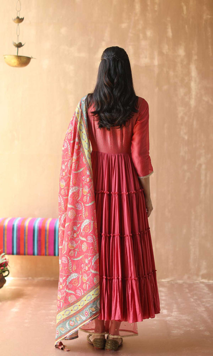 Gulnaar Set- Gajri chanderi-mulmul hand embroidered anarkali with pants and dupatta (set of 3)