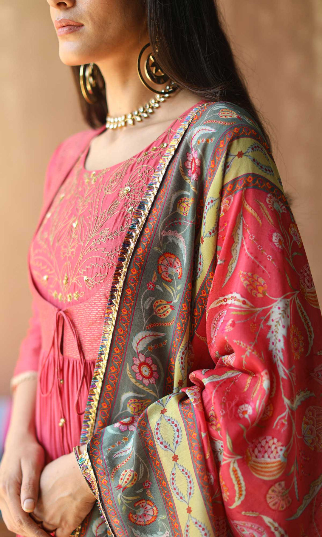 Gulnaar Set- Gajri chanderi-mulmul hand embroidered anarkali with pants and dupatta (set of 3)