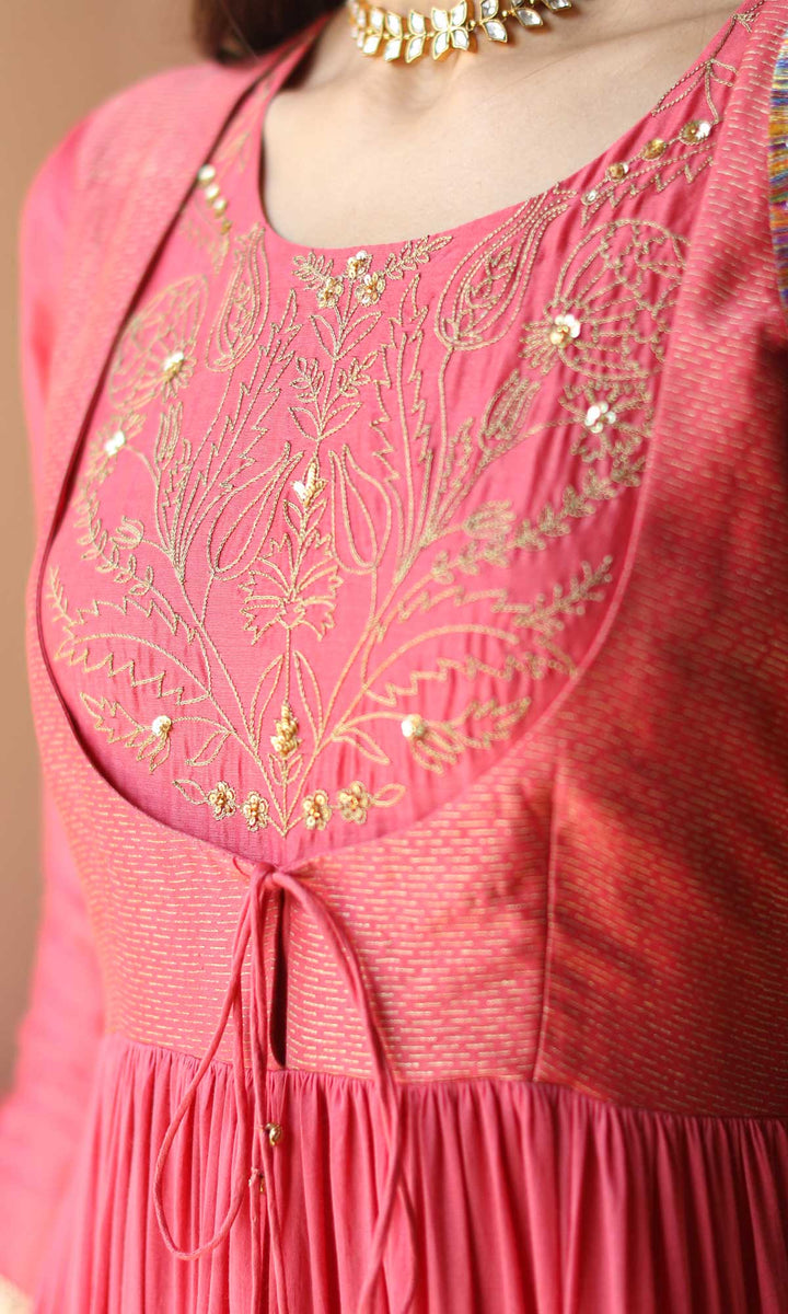Gulnaar Set- Gajri chanderi-mulmul hand embroidered anarkali with pants and dupatta (set of 3)