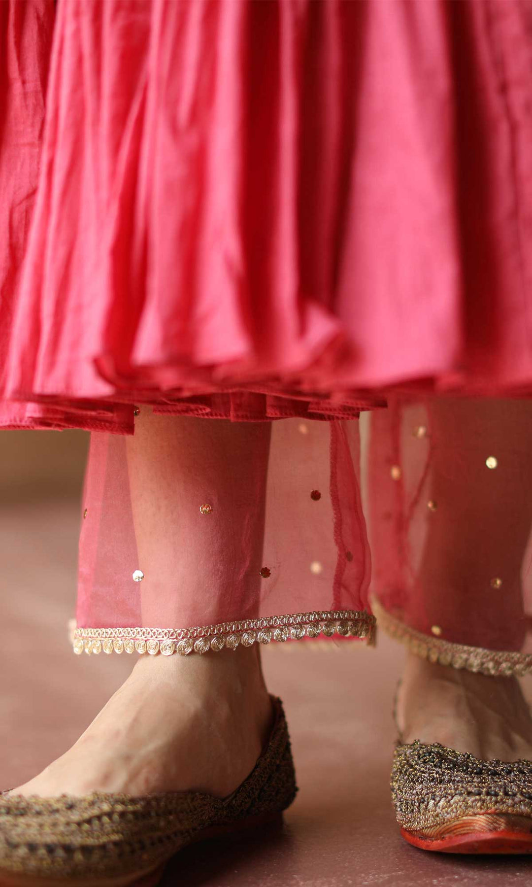 Gulnaar Set- Gajri chanderi-mulmul hand embroidered anarkali with pants and dupatta (set of 3)