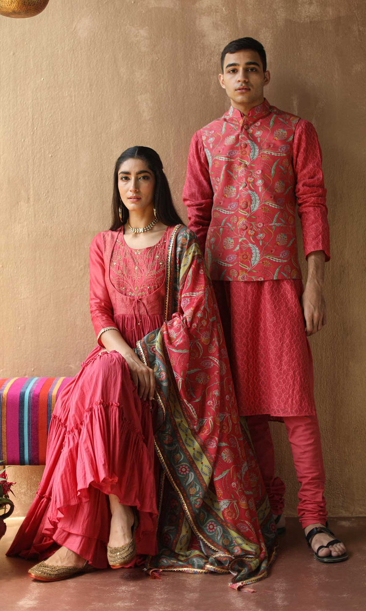 Gulnaar Set- Gajri chanderi-mulmul hand embroidered anarkali with pants and dupatta (set of 3)