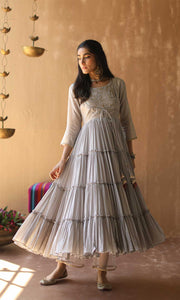 Gulnaar Set- Grey chanderi-mulmul hand embroidered anarkali with pants and dupatta (set of 3)