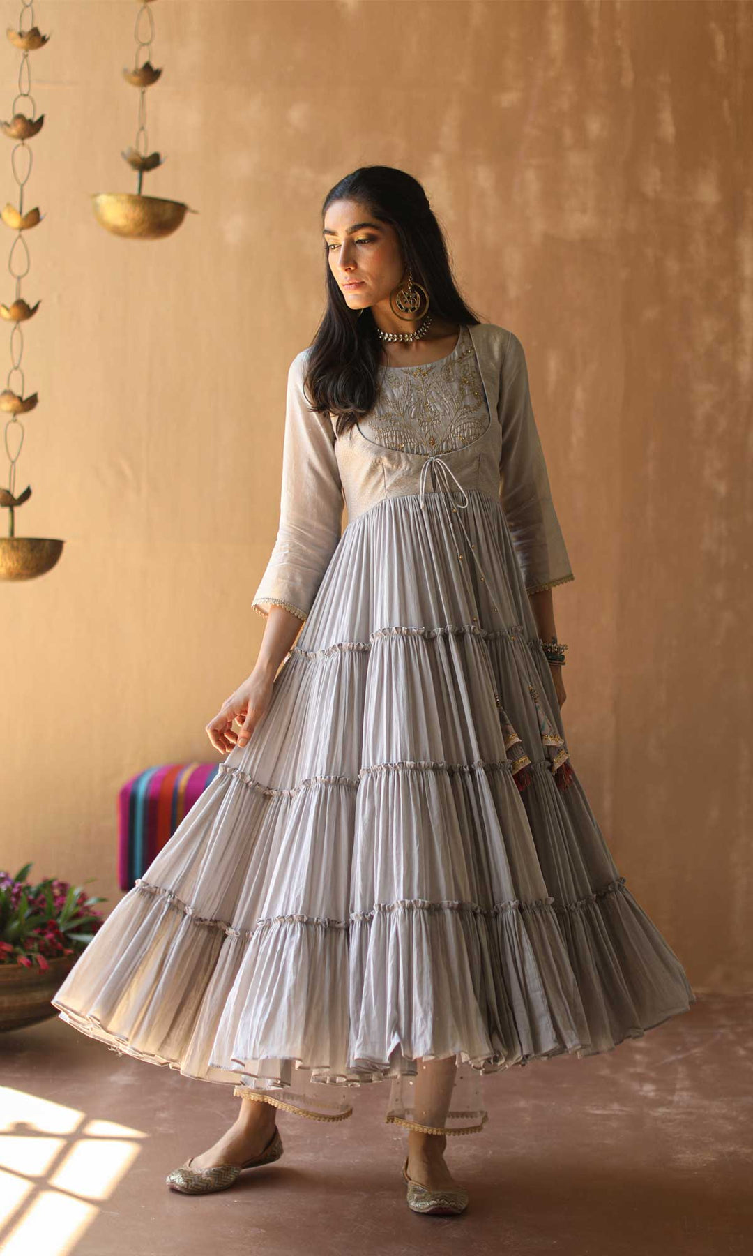 Gulnaar Set- Gajri chanderi-mulmul hand embroidered anarkali with pants and dupatta (set of 3)