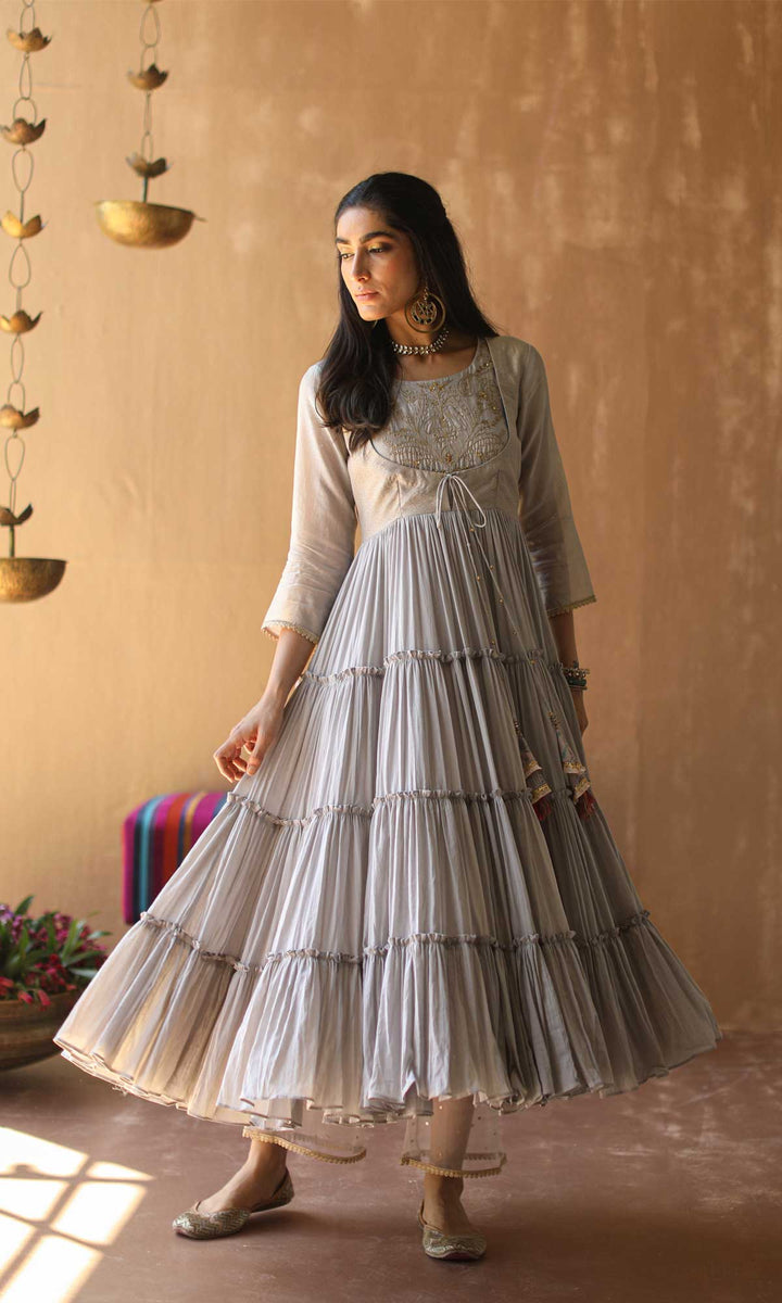 Gulnaar Set- Gajri chanderi-mulmul hand embroidered anarkali with pants and dupatta (set of 3)
