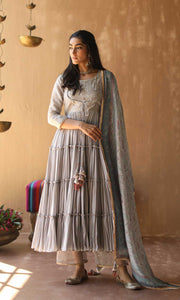 Gulnaar Set- Grey chanderi-mulmul hand embroidered anarkali with pants and dupatta (set of 3)