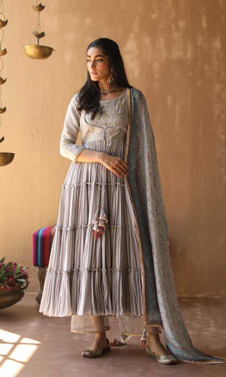 Gulnaar Set- Gajri chanderi-mulmul hand embroidered anarkali with pants and dupatta (set of 3)
