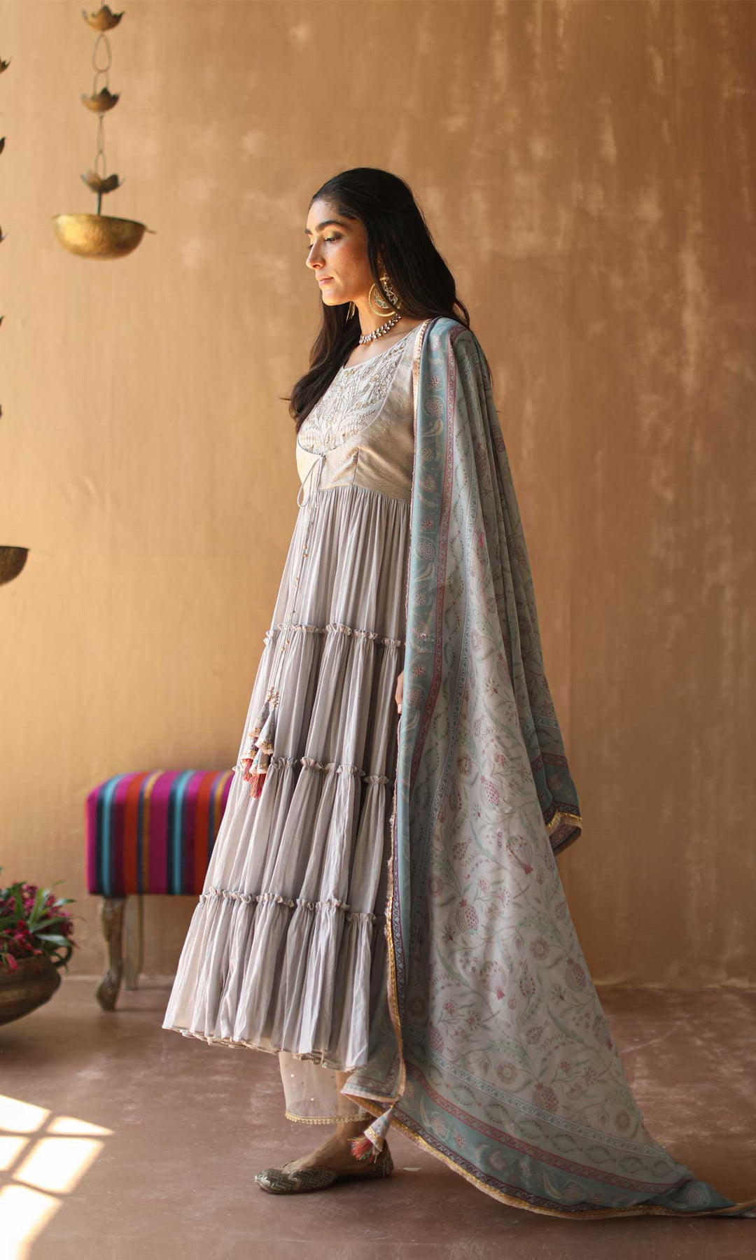 Gulnaar Set- Gajri chanderi-mulmul hand embroidered anarkali with pants and dupatta (set of 3)