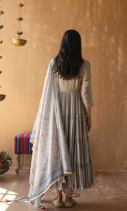 Gulnaar Set- Grey chanderi-mulmul hand embroidered anarkali with pants and dupatta (set of 3)