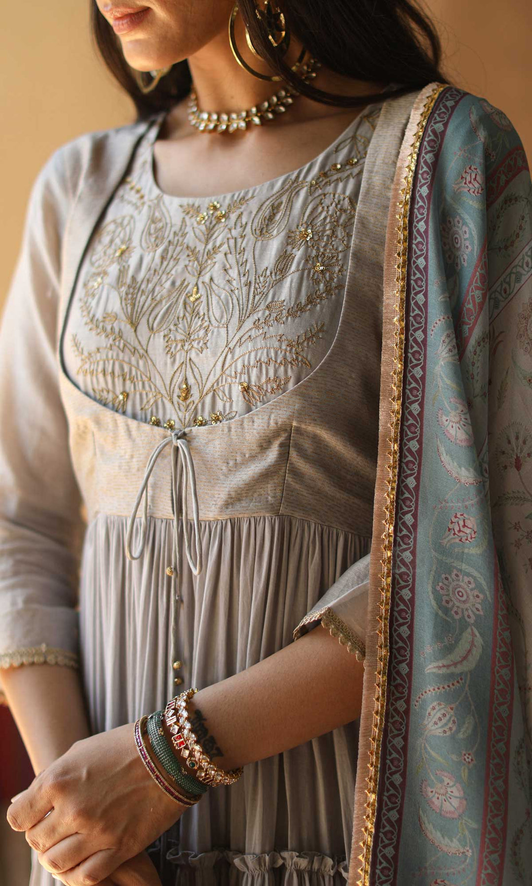 Gulnaar Set- Gajri chanderi-mulmul hand embroidered anarkali with pants and dupatta (set of 3)
