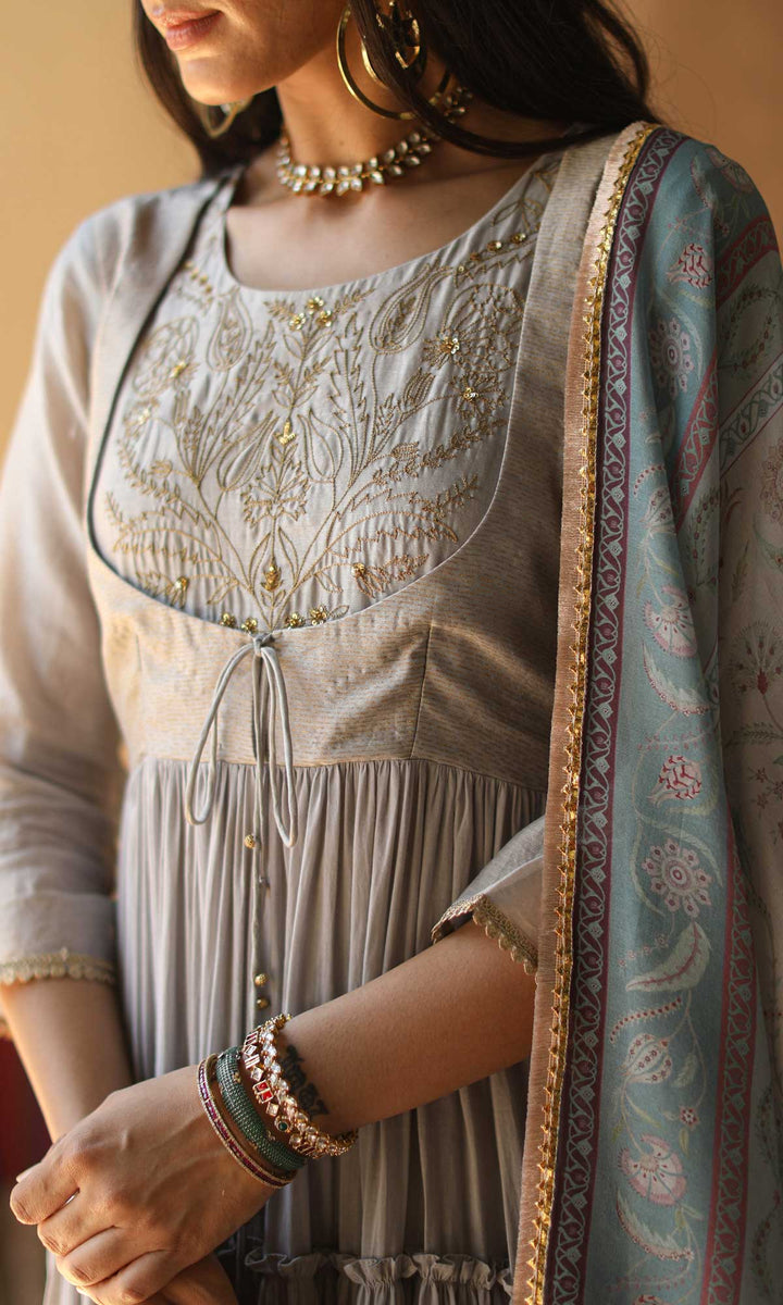 Gulnaar Set- Gajri chanderi-mulmul hand embroidered anarkali with pants and dupatta (set of 3)