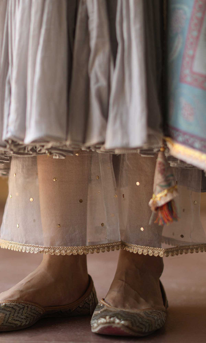 Gulnaar Set- Gajri chanderi-mulmul hand embroidered anarkali with pants and dupatta (set of 3)