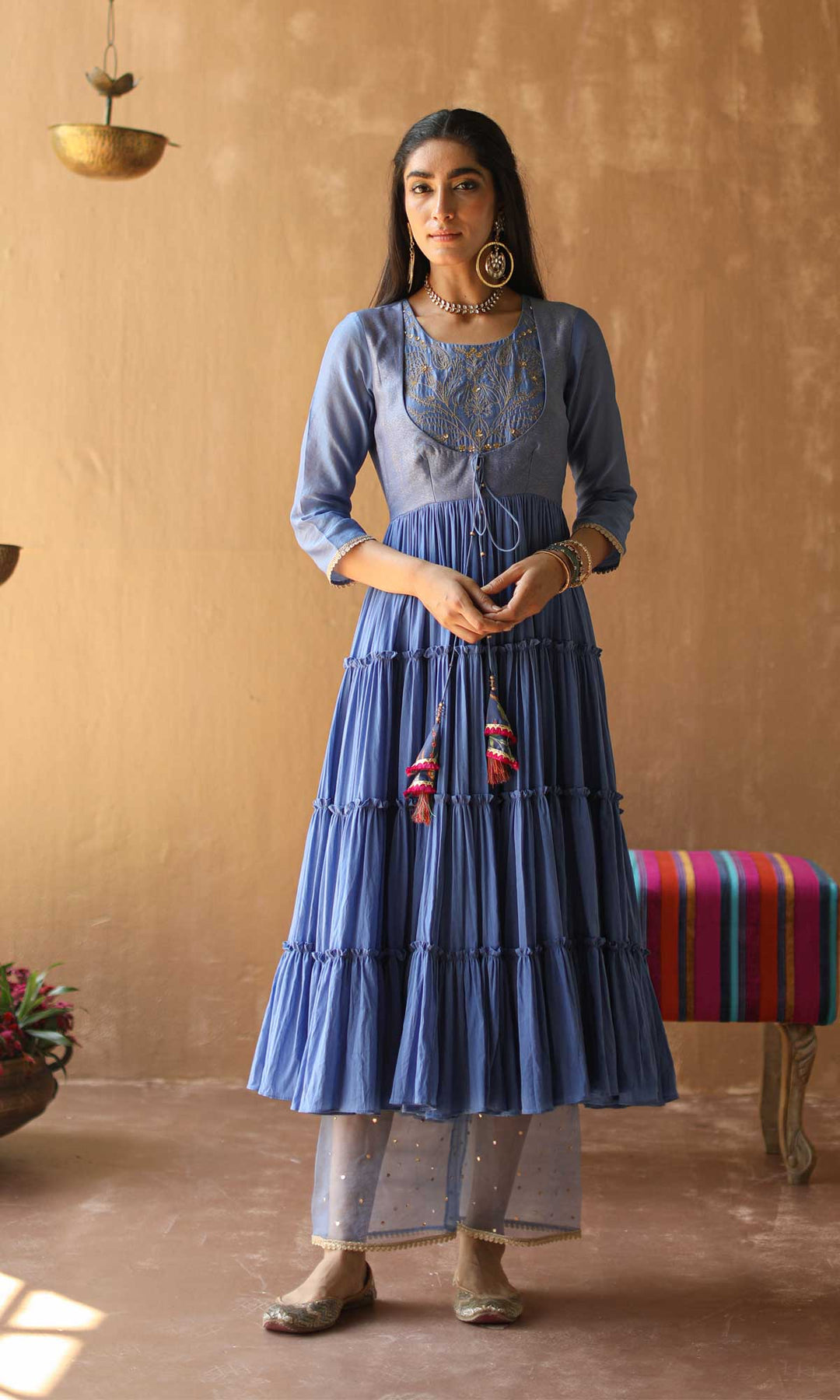 Gulnaar Set- Gajri chanderi-mulmul hand embroidered anarkali with pants and dupatta (set of 3)