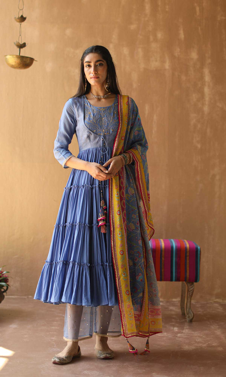 Gulnaar Set- Gajri chanderi-mulmul hand embroidered anarkali with pants and dupatta (set of 3)