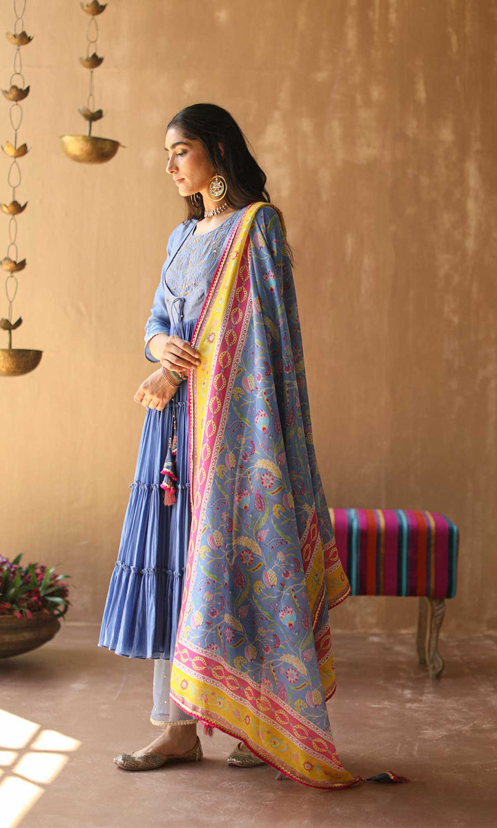 Gulnaar Set- Gajri chanderi-mulmul hand embroidered anarkali with pants and dupatta (set of 3)