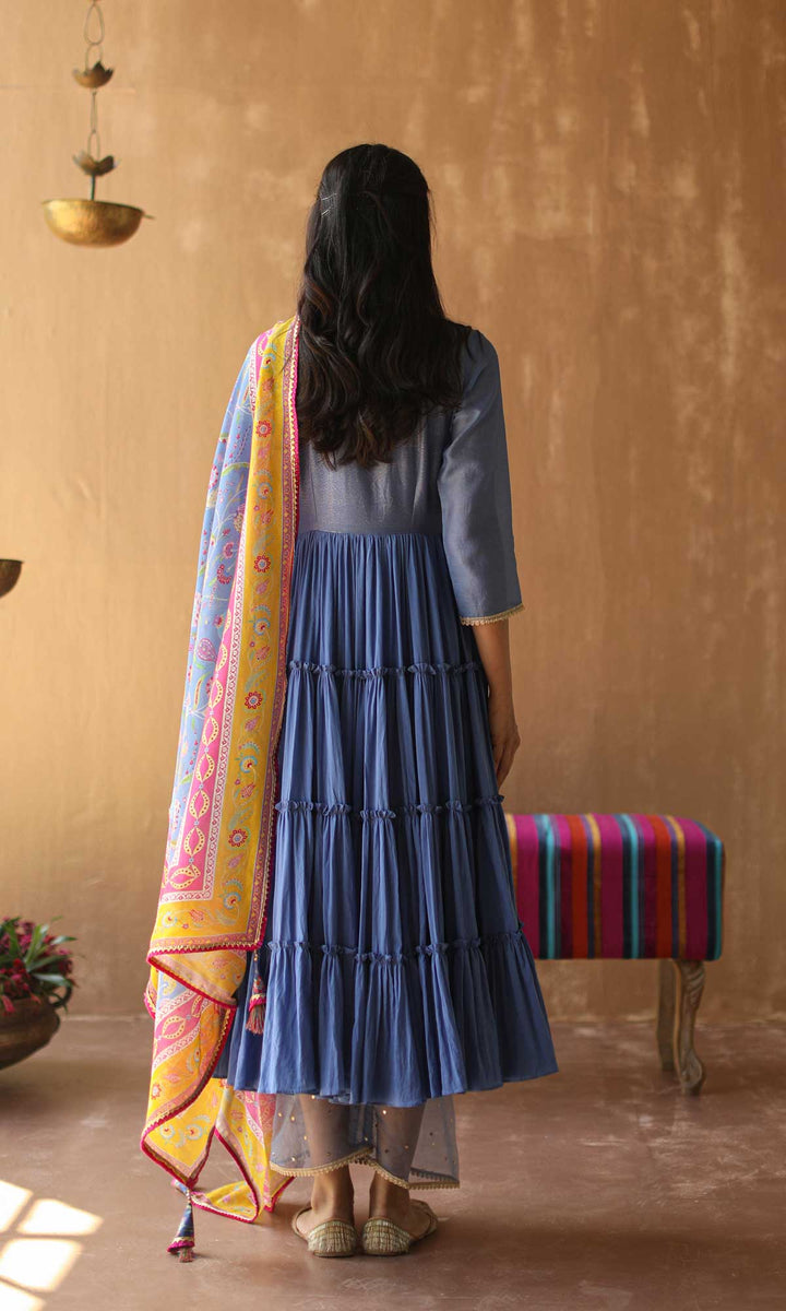 Gulnaar Set- Gajri chanderi-mulmul hand embroidered anarkali with pants and dupatta (set of 3)