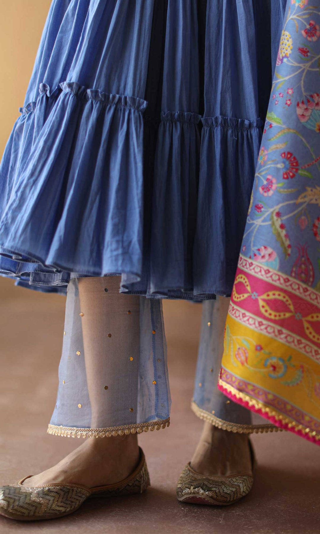 Gulnaar Set- Gajri chanderi-mulmul hand embroidered anarkali with pants and dupatta (set of 3)