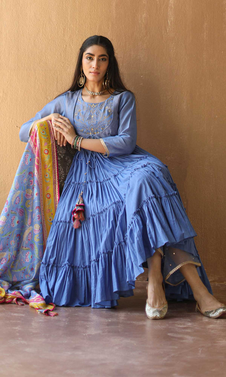 Gulnaar Set- Gajri chanderi-mulmul hand embroidered anarkali with pants and dupatta (set of 3)