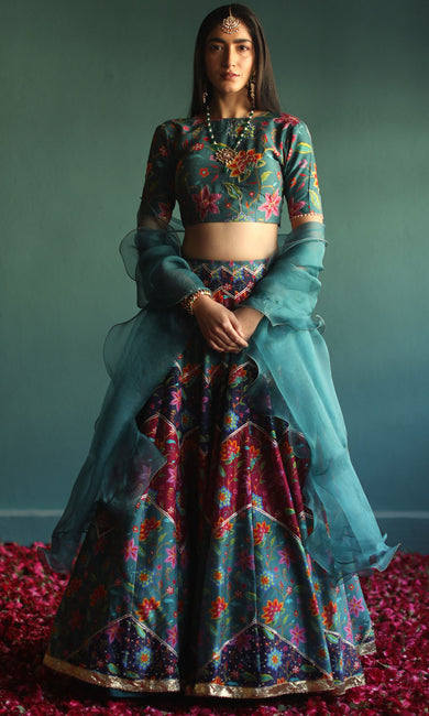 Winter Garden- Teal digitally printed chanderi lehenga with hand embroidered blouse and organza dupatta (set of 3)