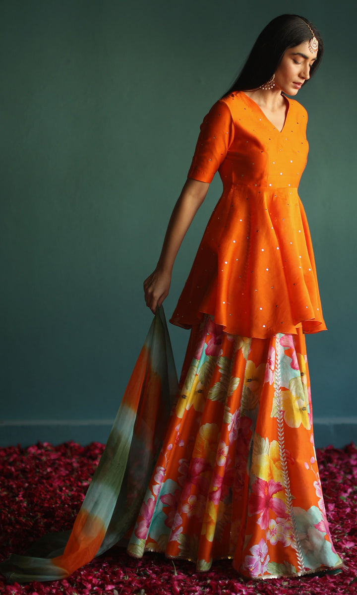 Flower Power- Bright digitally printed chanderi lehenga with chanderi mukaish blouse and organza dupatta (set of 3)
