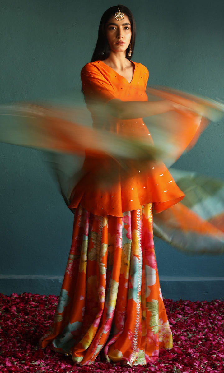 Flower Power- Bright digitally printed chanderi lehenga with chanderi mukaish blouse and organza dupatta (set of 3)
