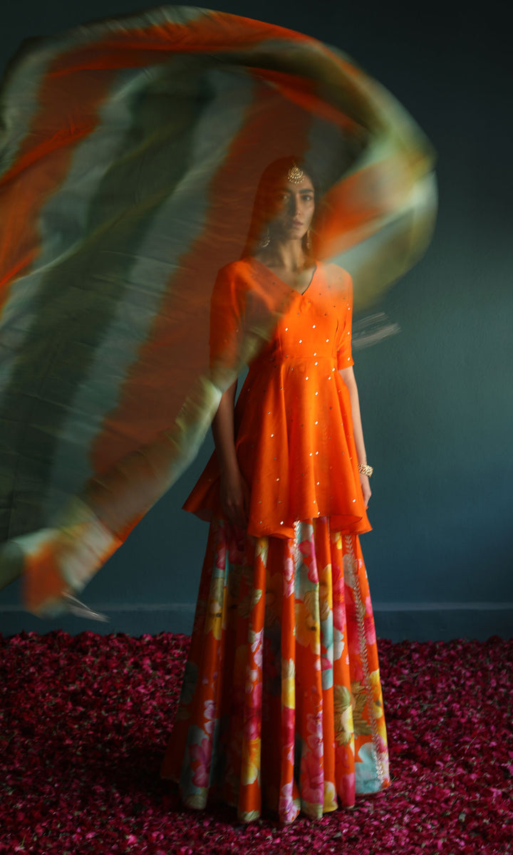 Flower Power- Bright digitally printed chanderi lehenga with chanderi mukaish blouse and organza dupatta (set of 3)
