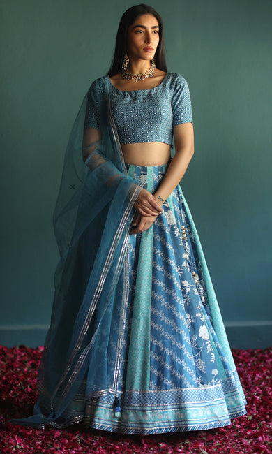 Blue Orchid- Deep Blue digitally printed chanderi lehenga with hand embroidered blouse and net dupatta (set of 3)